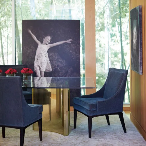 Ellen Pedestal Glass Top Dining Table - Gold, Steel