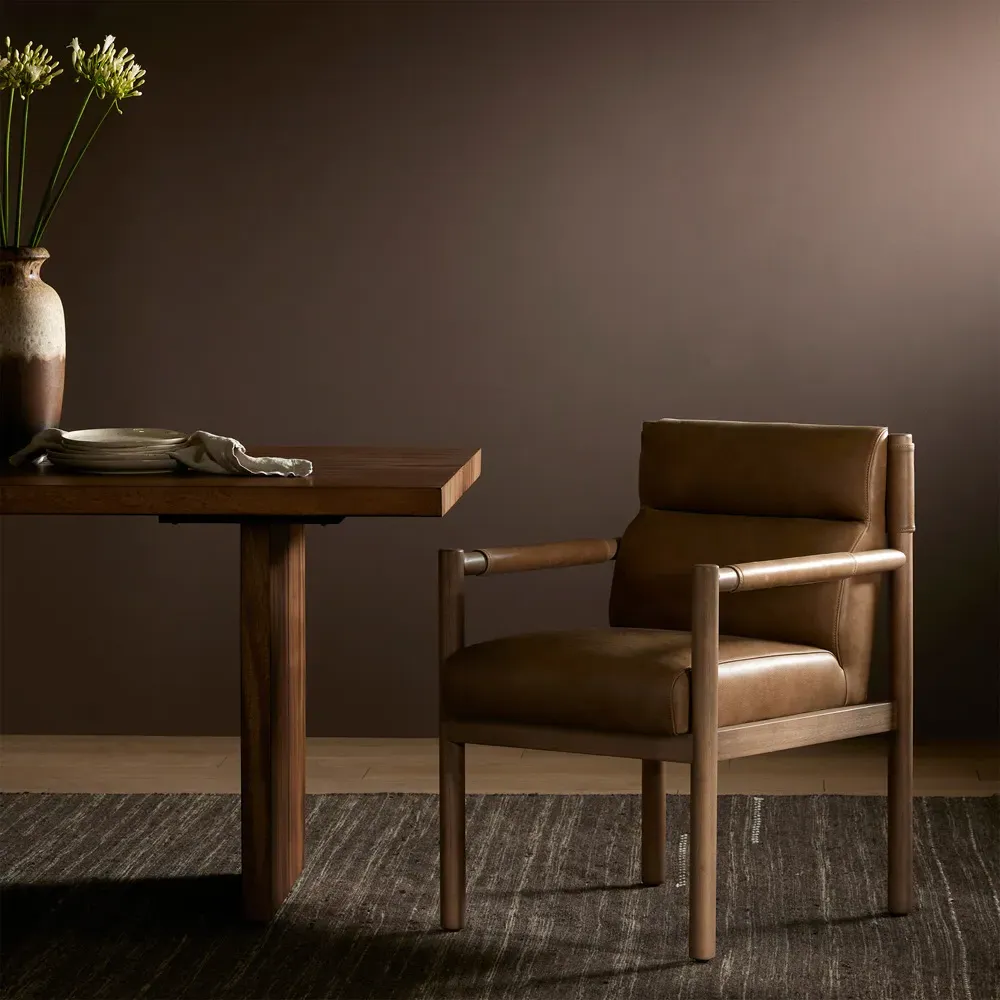 Elodie Tufted Dining Arm Chair - Brown, Leather