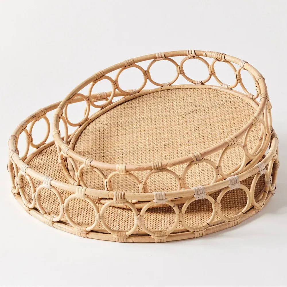 Elsie Round Decorative Tray Set - Natural, Rattan