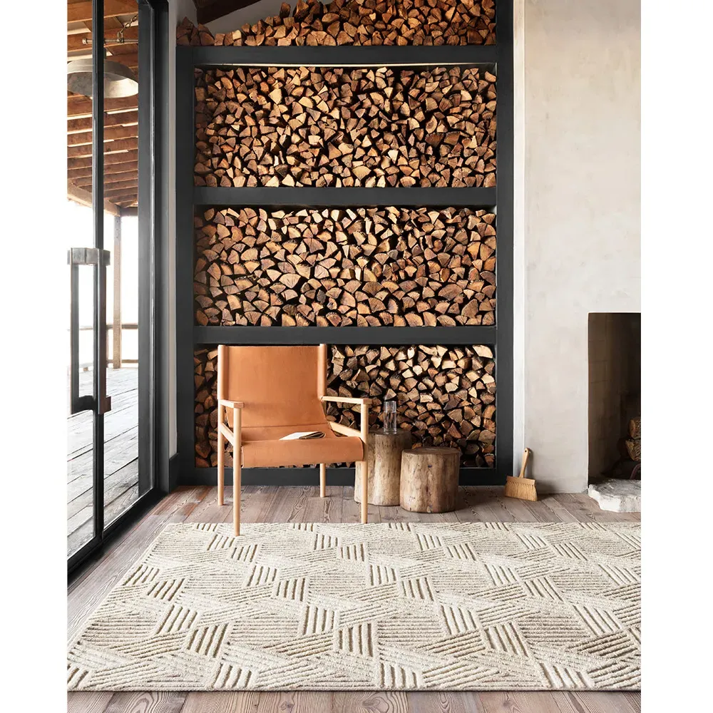 Elsinore Geometric Patterned Runner Rug - Beige, Wool