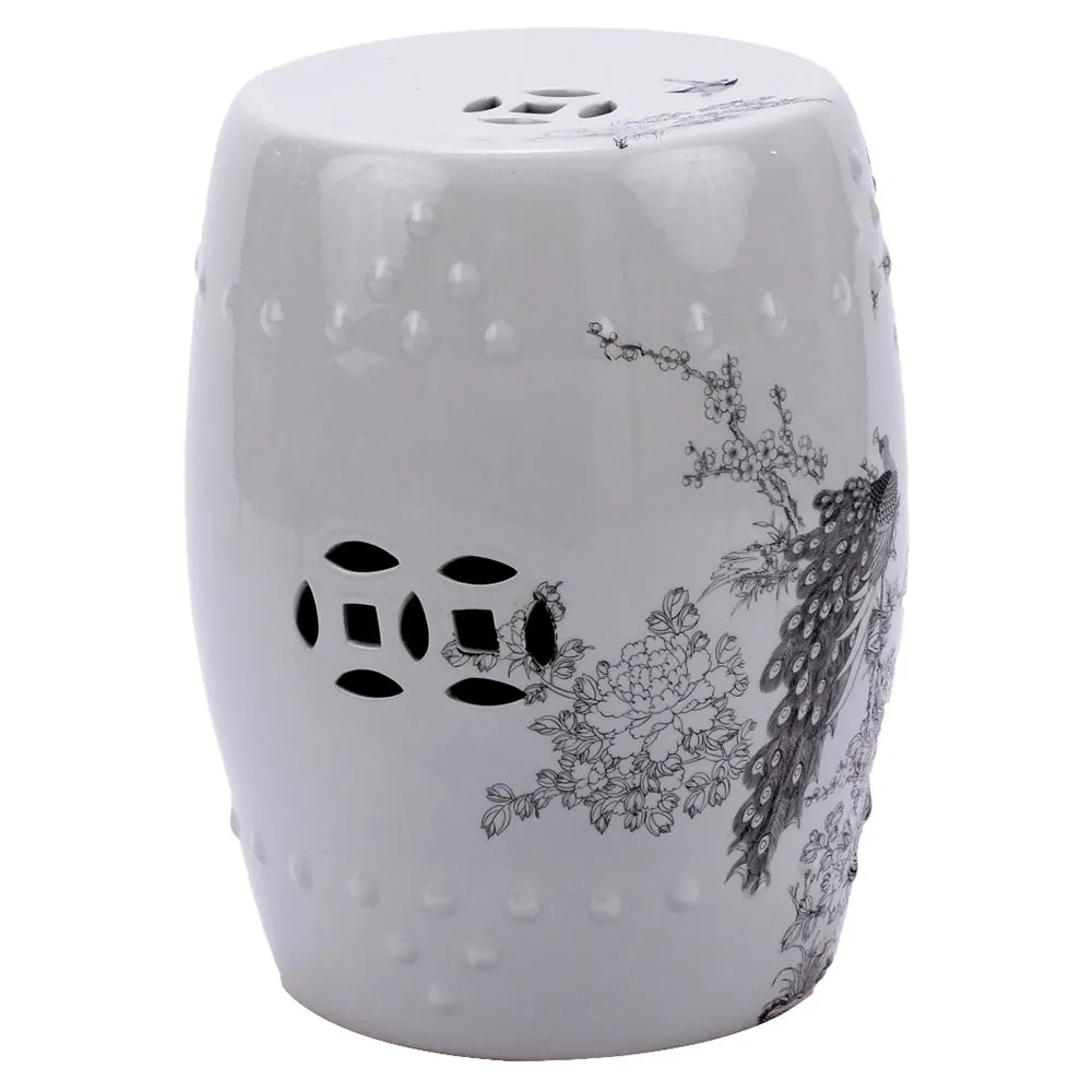 Emmett Garden Stool with Peacock Motif - White, Porcelain