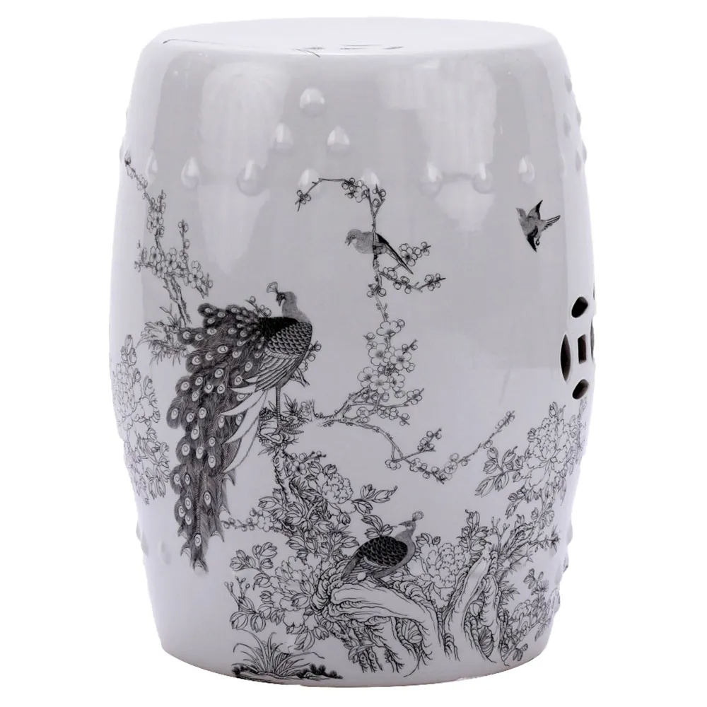 Emmett Garden Stool with Peacock Motif - White, Porcelain image