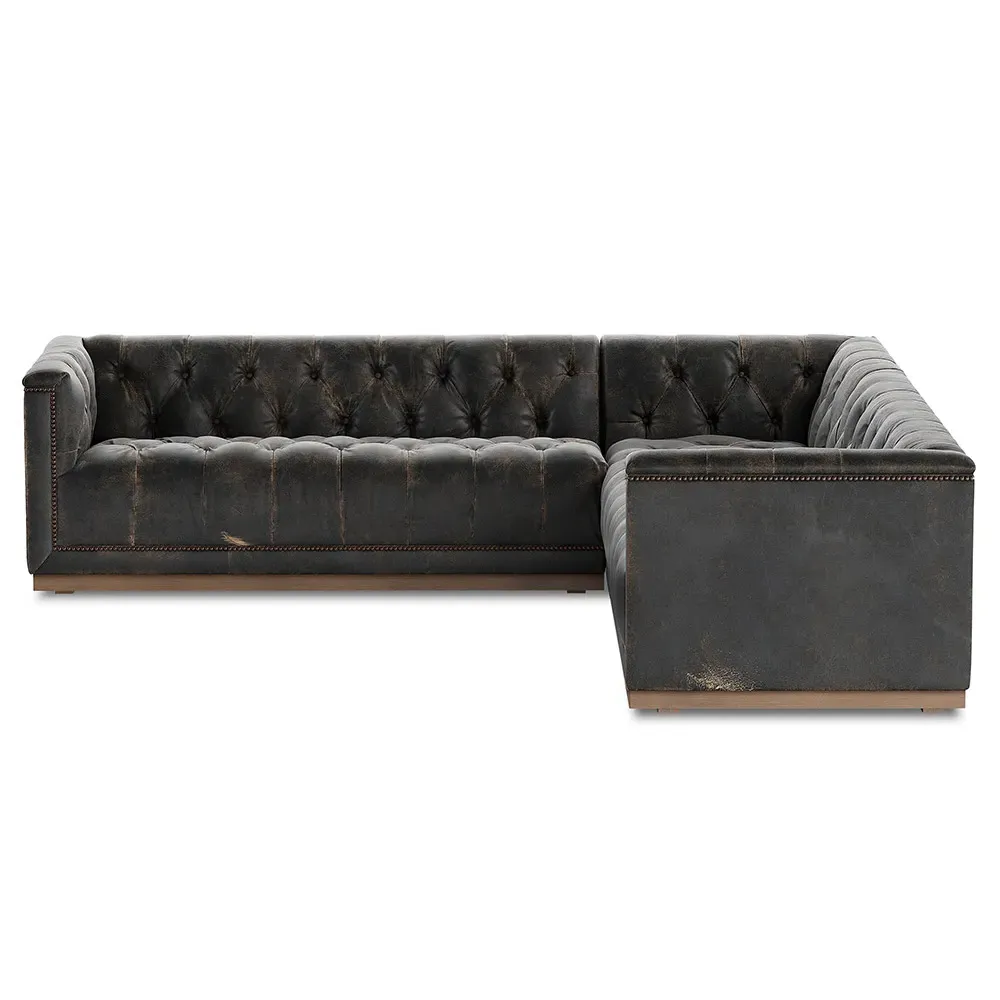 Emmy Corner Sectional with Nailhead - Distressed Black, Leather