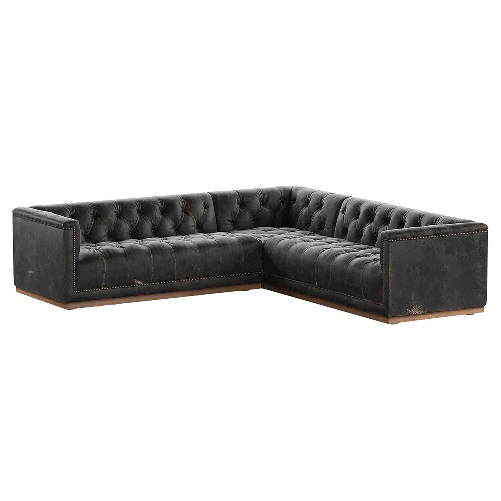 Emmy Corner Sectional with Nailhead - Distressed Black, Leather