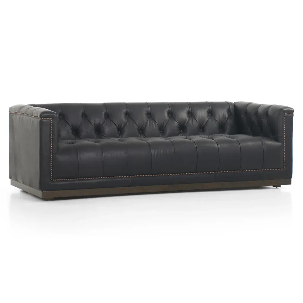 Emmy Small Tufted Nailhead Sofa - Black, Leather