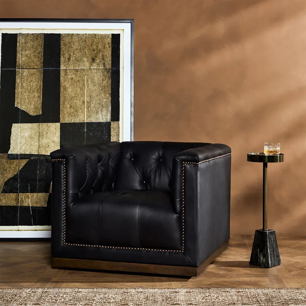 Emmy Tufted Swivel Club Chair - Black, Leather