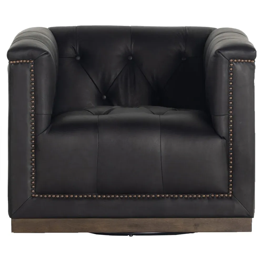 Emmy Tufted Swivel Club Chair - Black, Leather