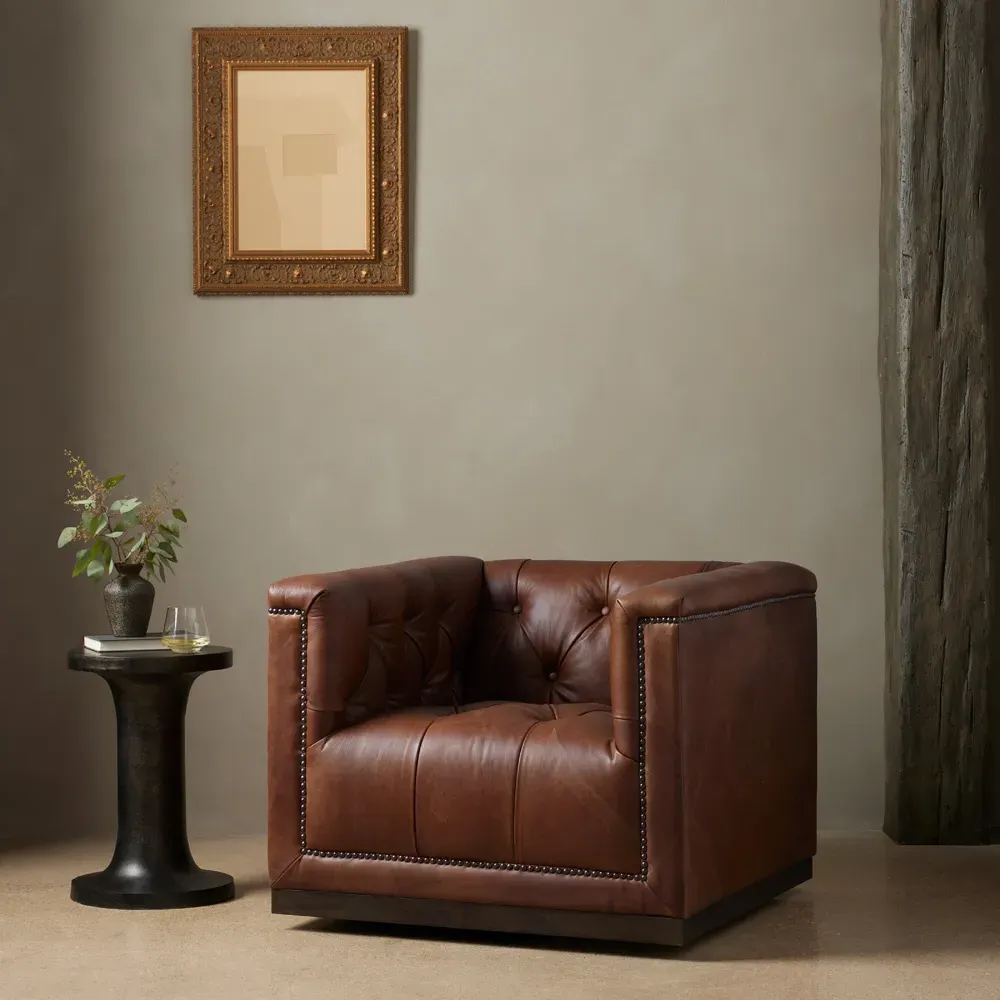 Emmy Tufted Swivel Club Chair - Warm Brown, Leather