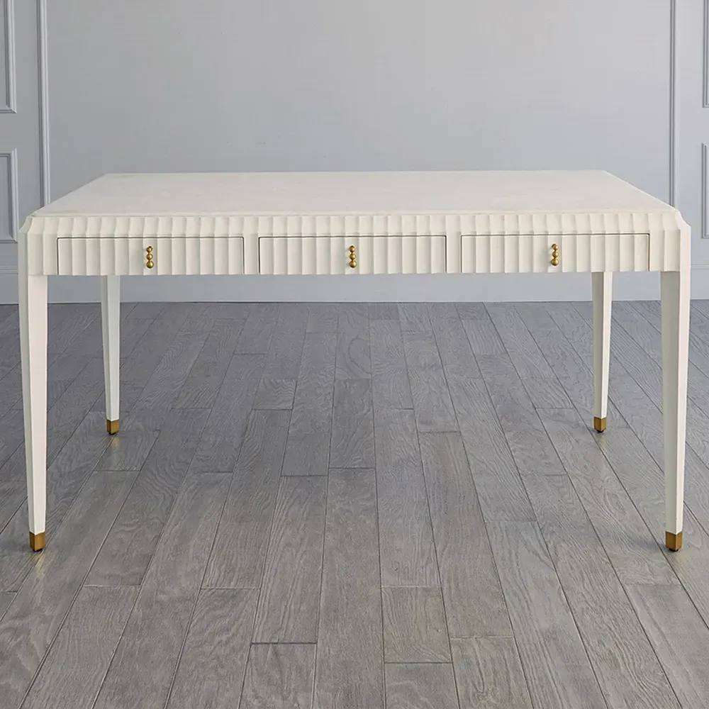 Emrys Fluted Wood Desk - White, Marble