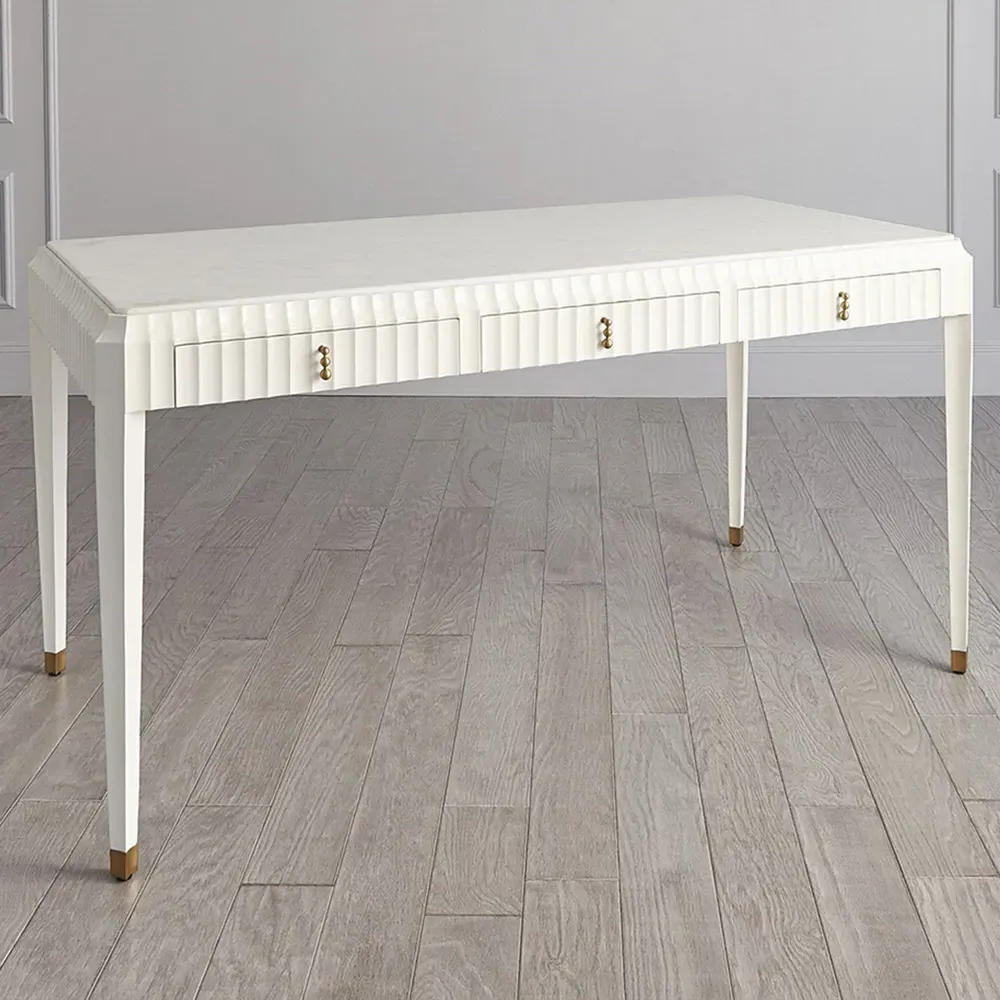Emrys Fluted Wood Desk - White, Marble