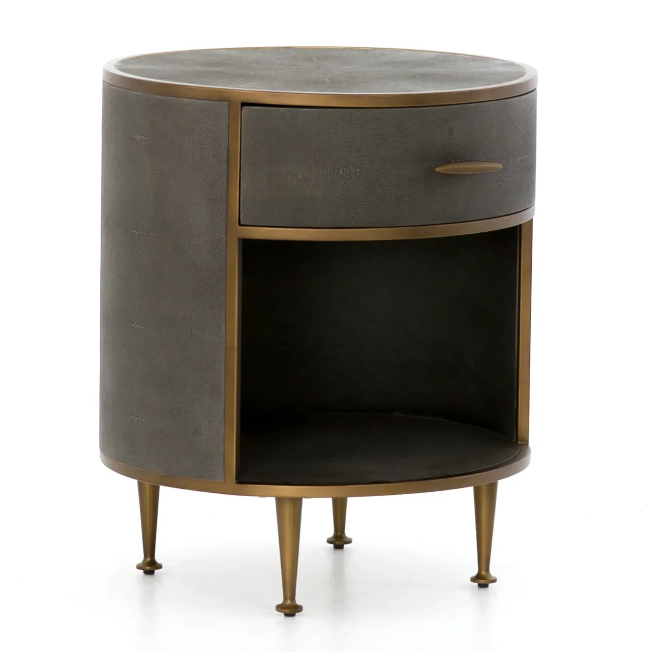 Ena Round Nightstand with Storage - Grey, Faux Shagreen