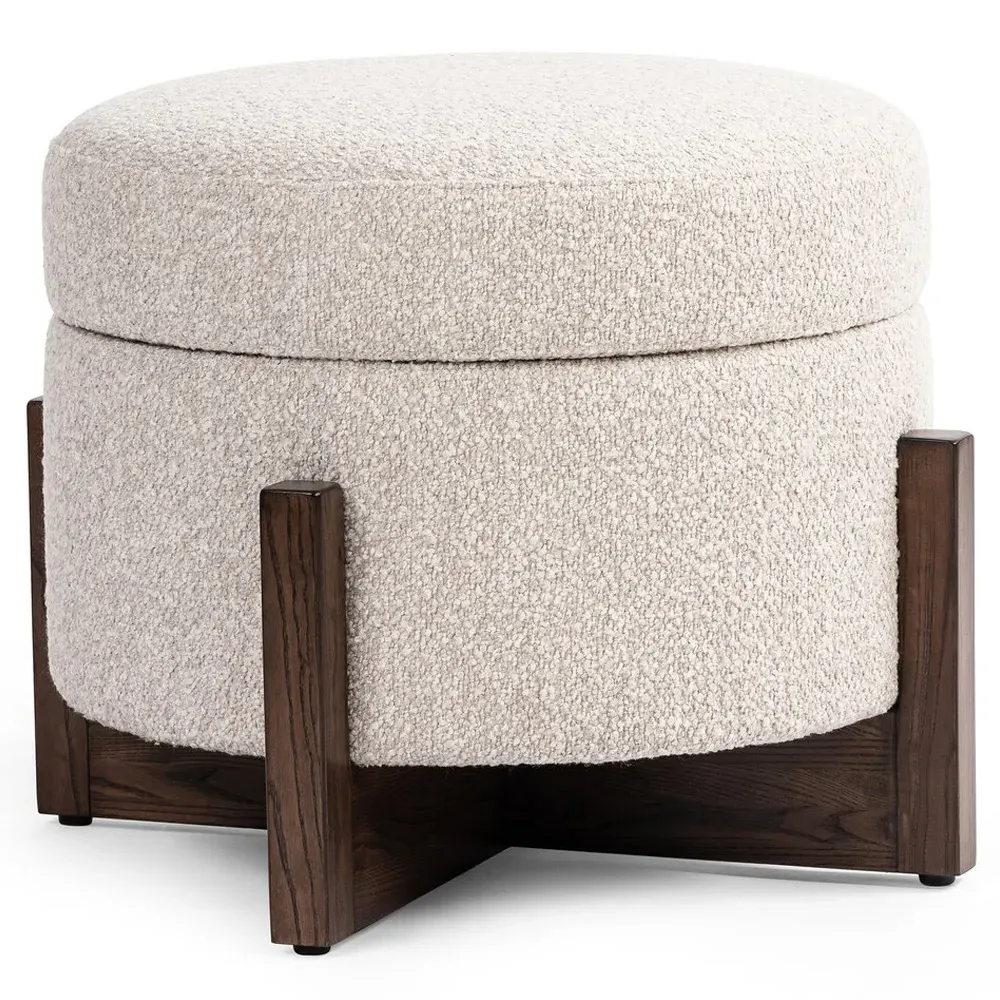 Ester Round Storage Ottoman - Beige, Boucle