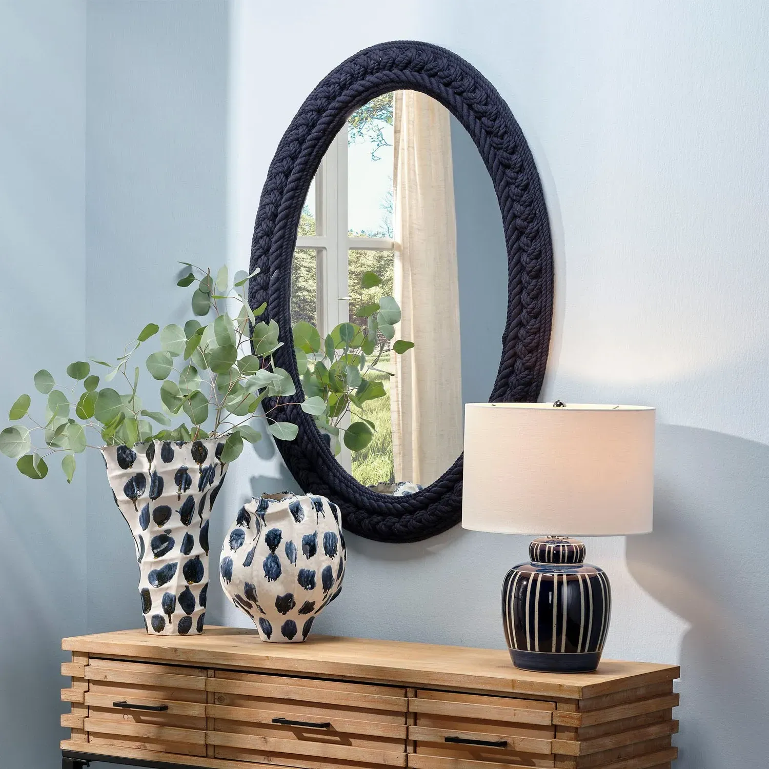 Eula Oval Wall Mirror - Blue, Cotton Rope