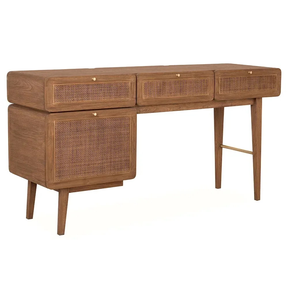 Ezra Woven Rattan Desk - Brown, Teak