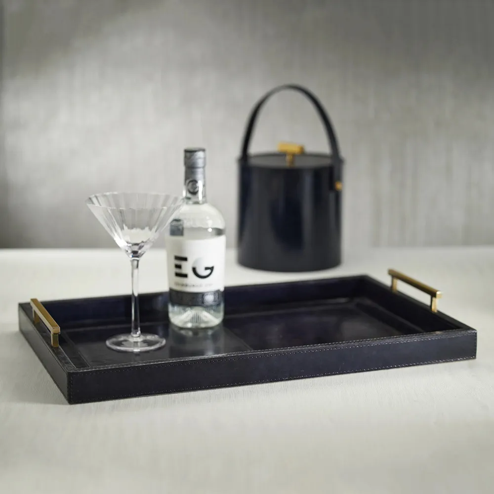 Fabiola Serving Tray with Handle - Blue, Leather