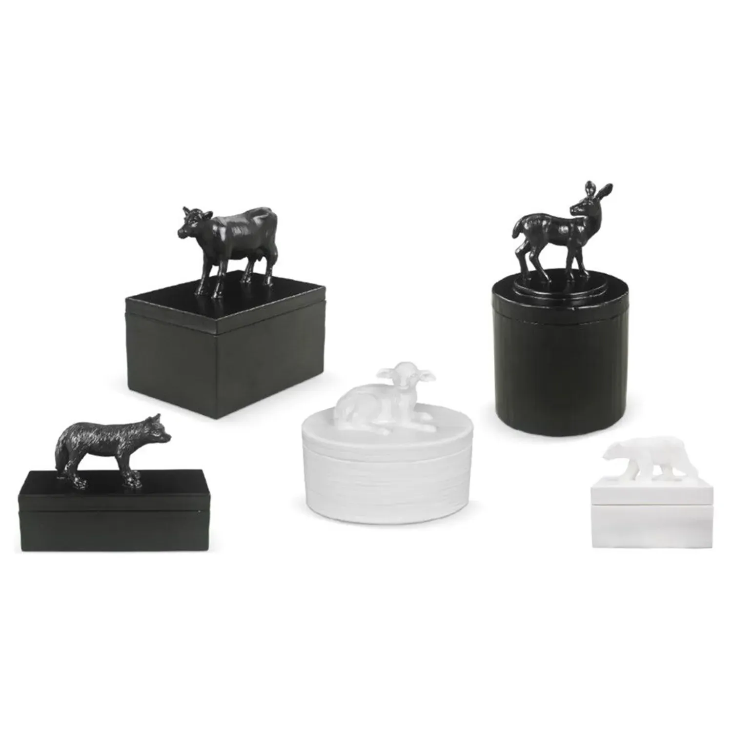 Fable Round Deer Decorative Box - Frost Black, Resin