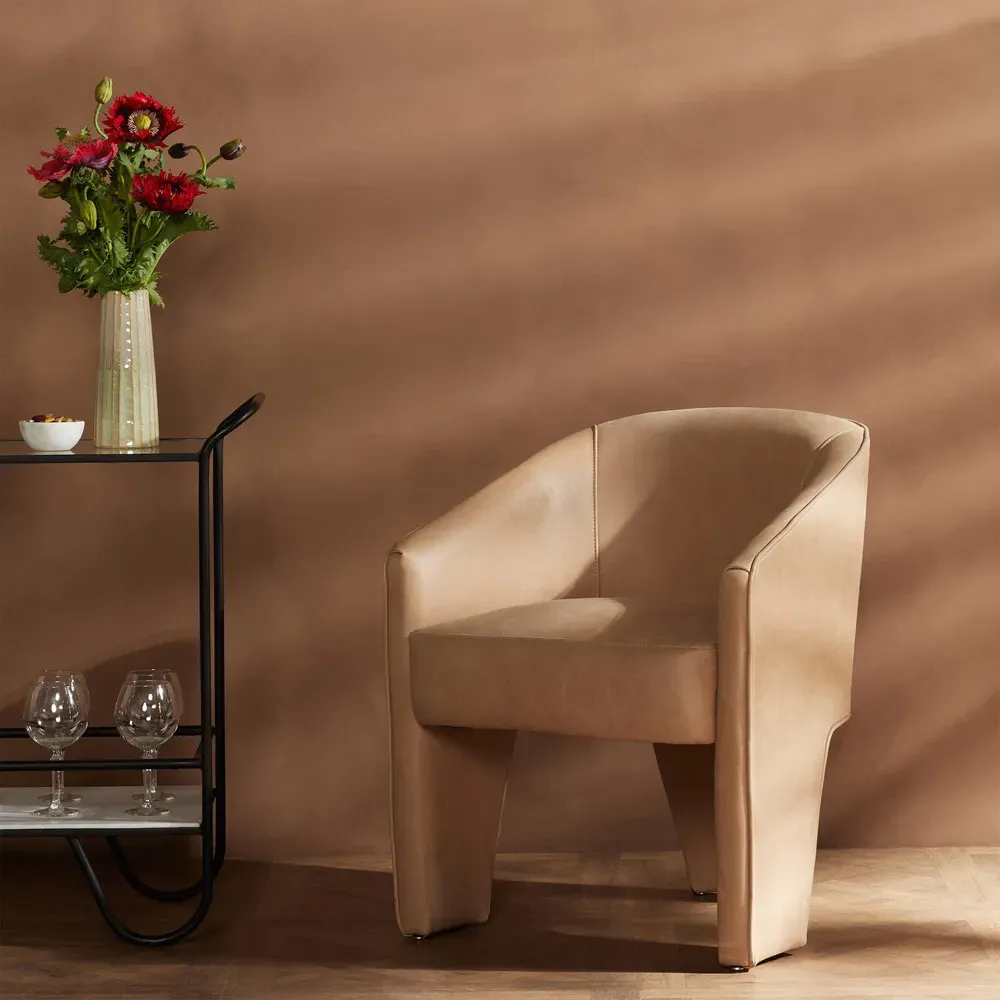Fara Dining Arm Chair - Beige, Top Grain Leather