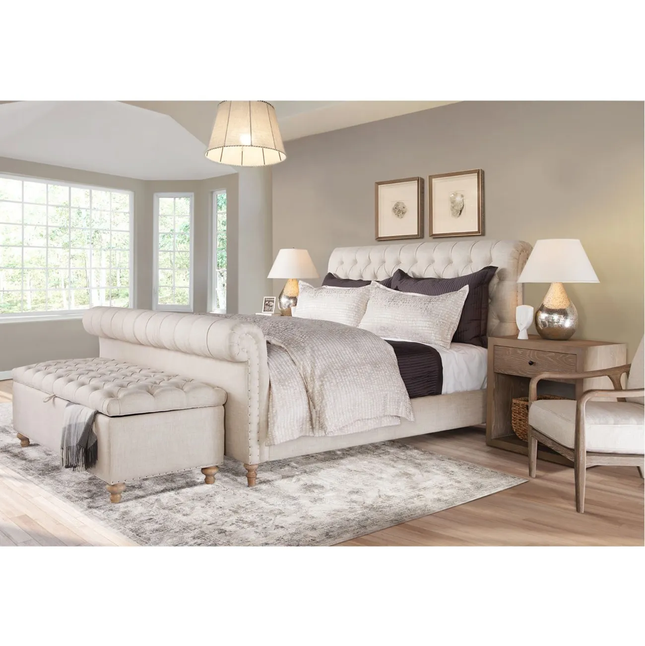 Farrah Storage Bench with Nailhead Trim - Cream, Linen