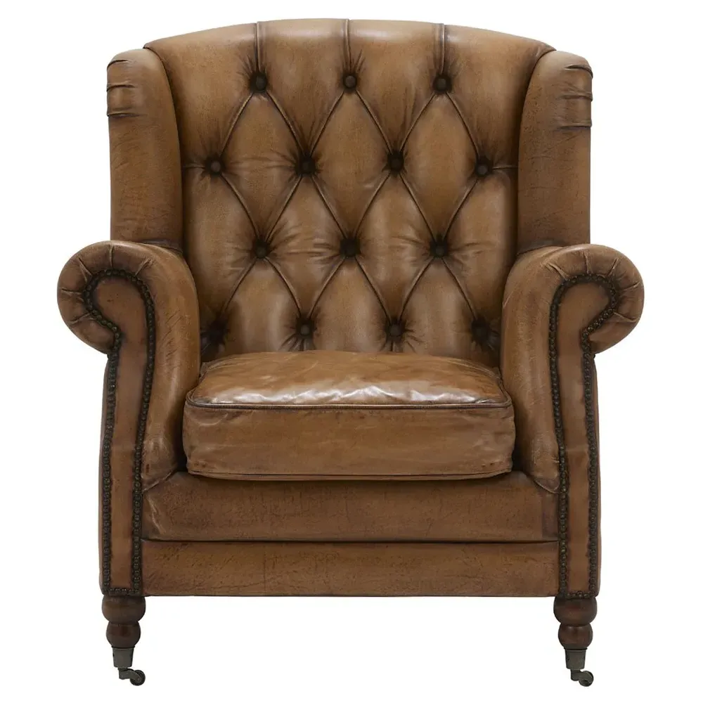 Fern Tufted Wood Chair - Brown, Leather