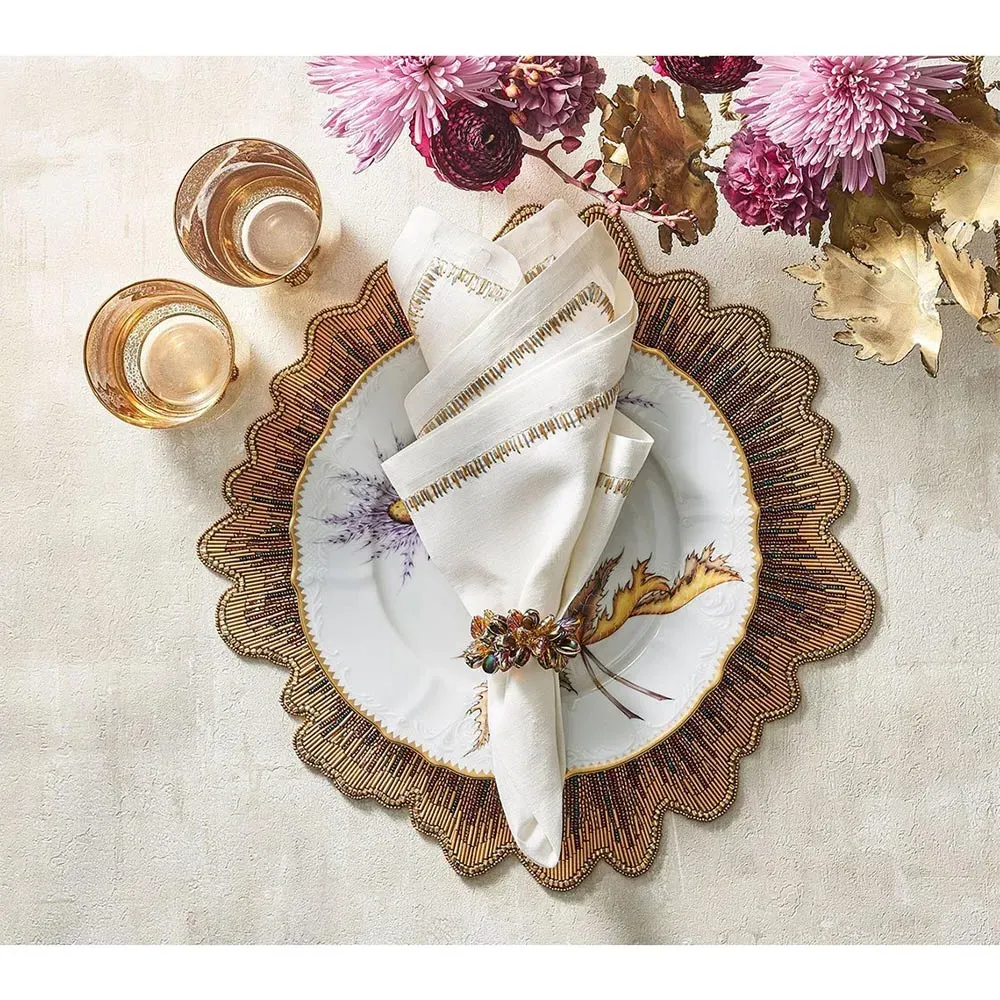 Filament Coastal Embroidered Linen Napkin Set of 4 - Gold