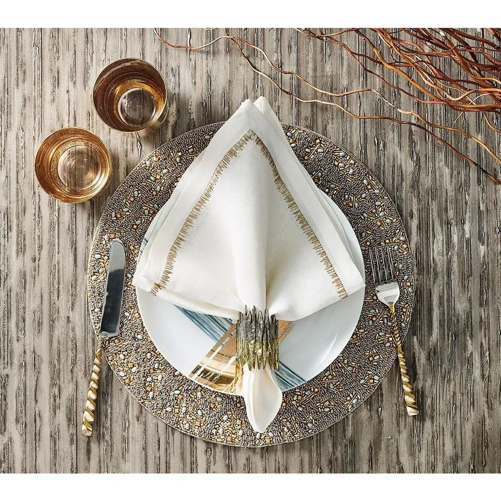 Filament Coastal Embroidered Linen Napkin Set of 4 - Gold