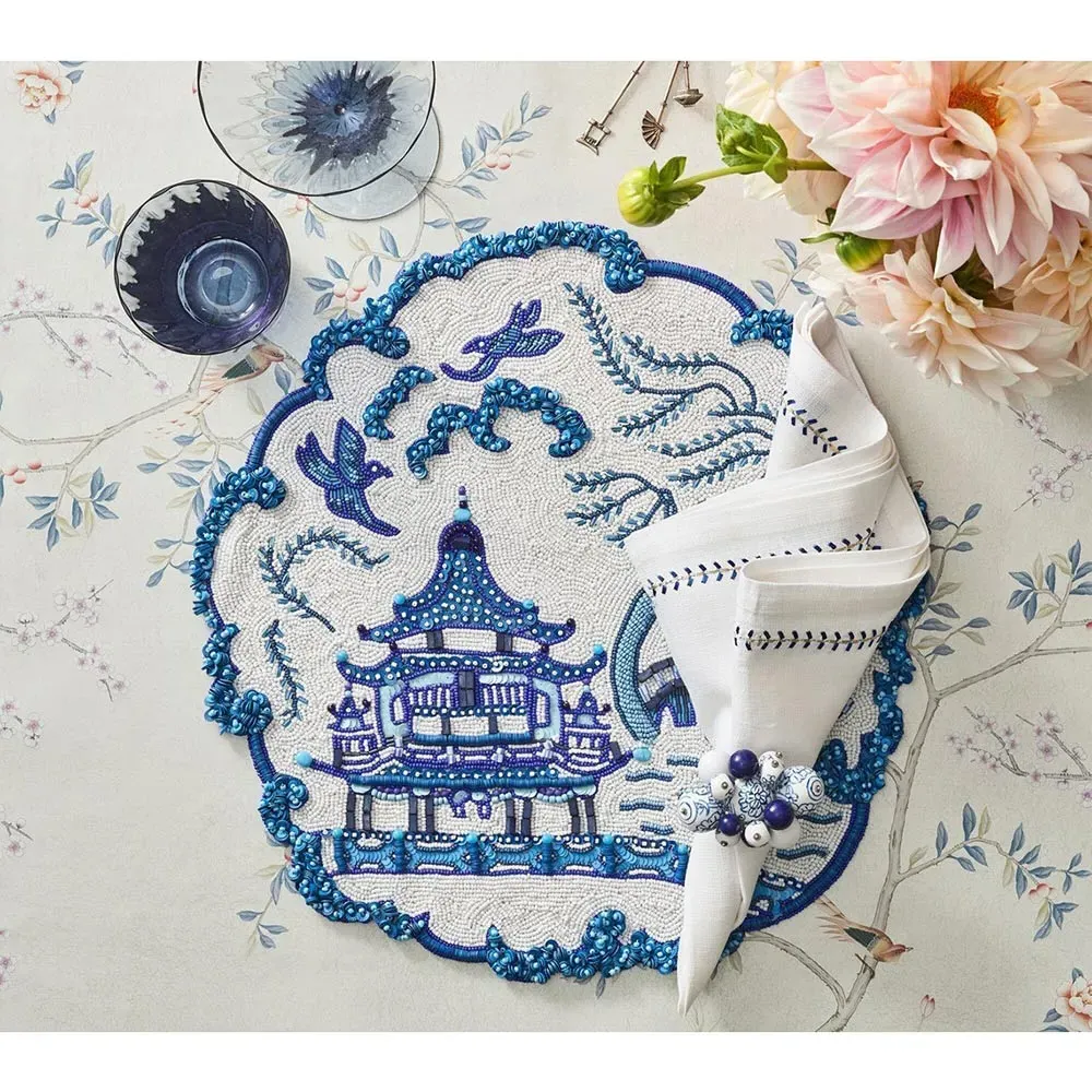 Filament Coastal Embroidered Linen Napkin Set of 4 - Navy