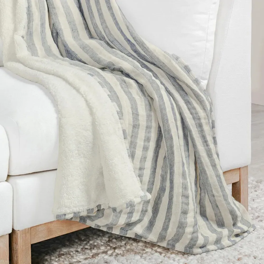 Finch Striped Throw Blanket - Blue, Linen
