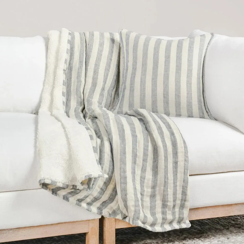 Finch Striped Throw Blanket - Blue, Linen