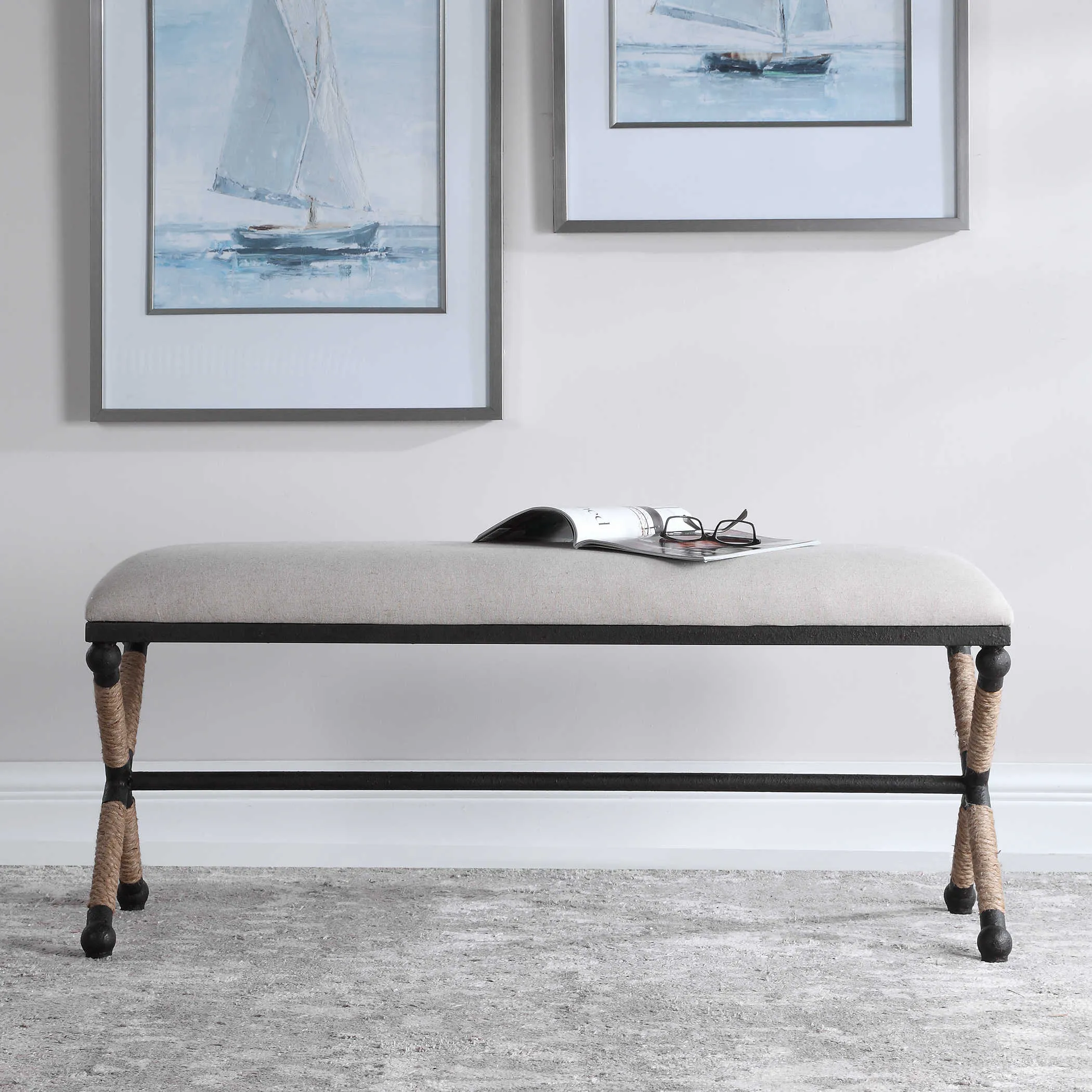 Finley Iron Frame Rope Accent Bench - Beige