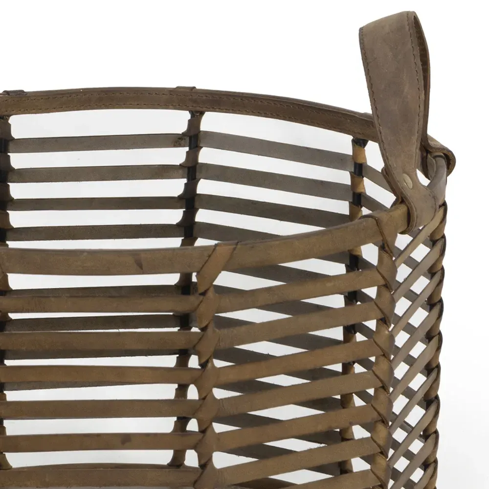 Finn Small Floor Basket - Brown, Woven Leather