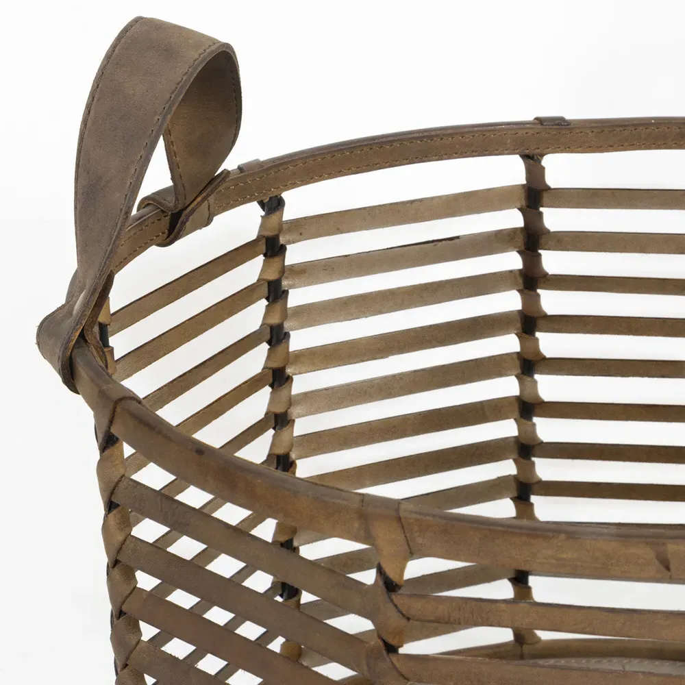Finn Small Floor Basket - Brown, Woven Leather