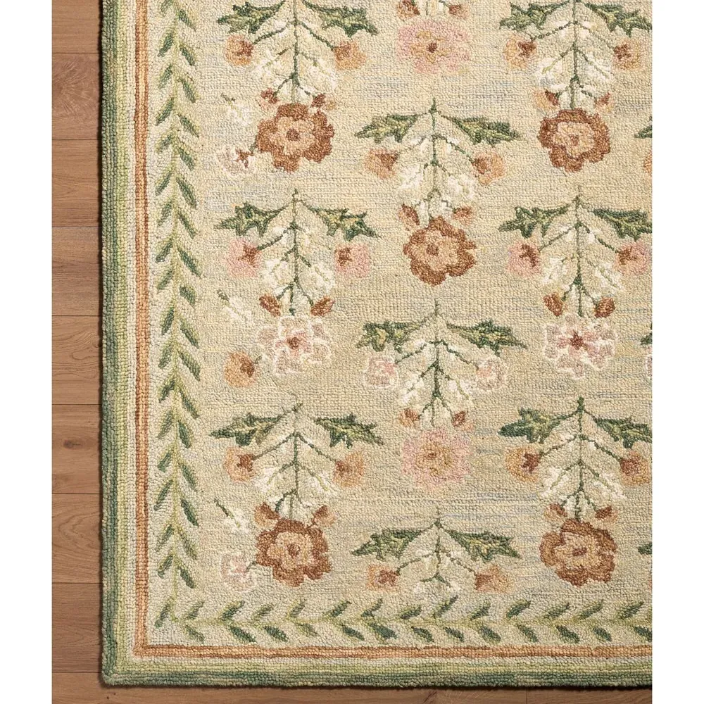 Floryn Floral Patterned Rug - Green, Wool