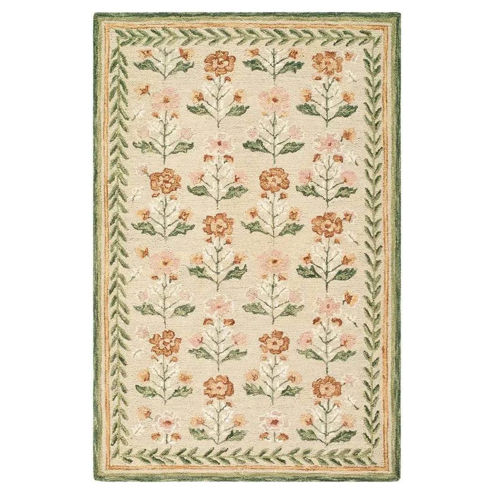 Floryn Floral Patterned Rug - Green, Wool