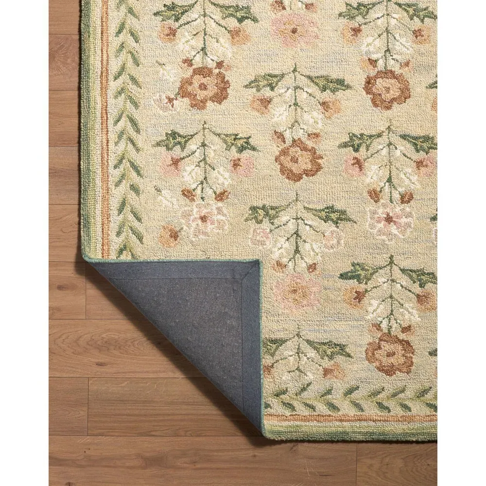 Floryn Floral Patterned Rug - Green, Wool
