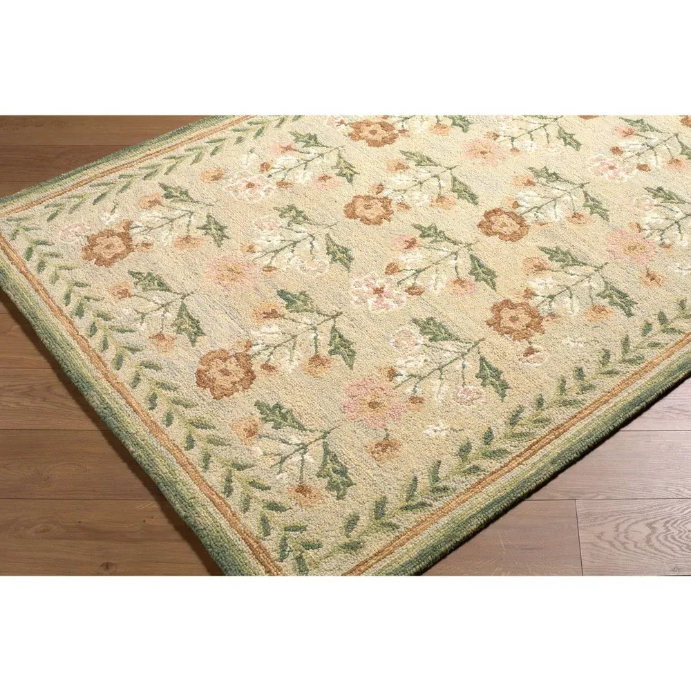 Floryn Floral Patterned Rug Sample - Green, Wool