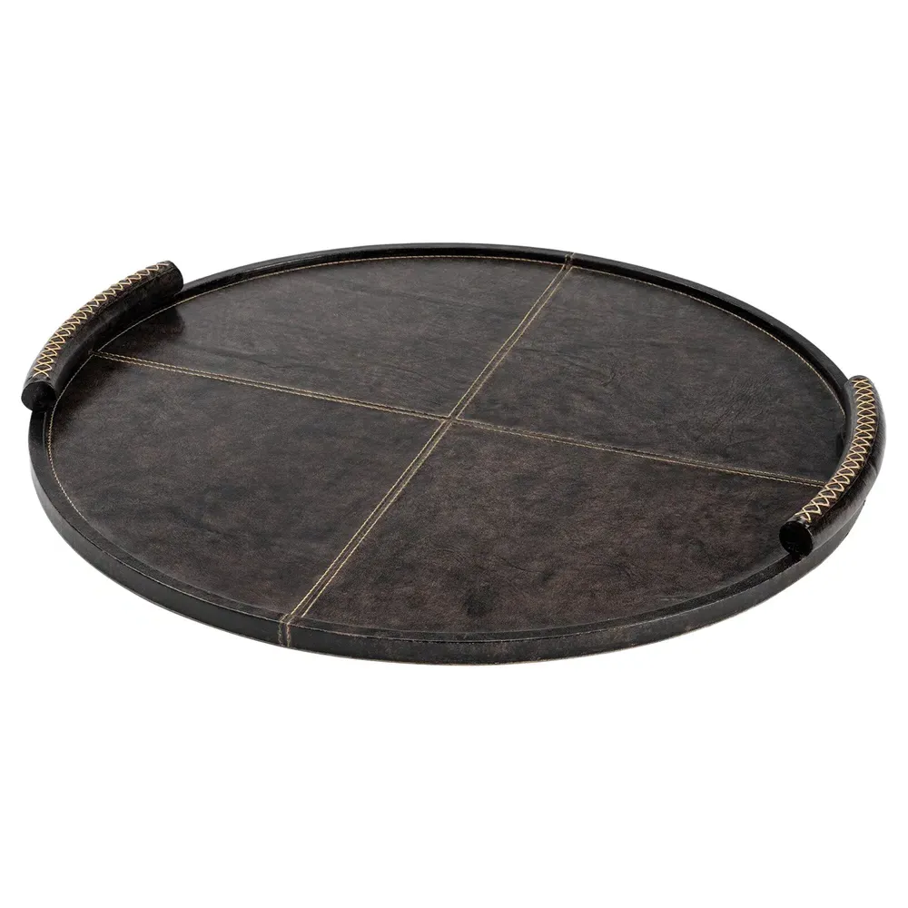 Forte Large Round Decorative Tray - Black, Leather