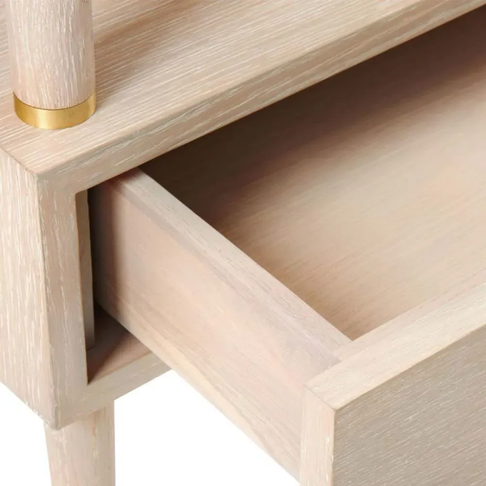 Gabriel Nightstand with Gold Accents - Beige, Oak Wood