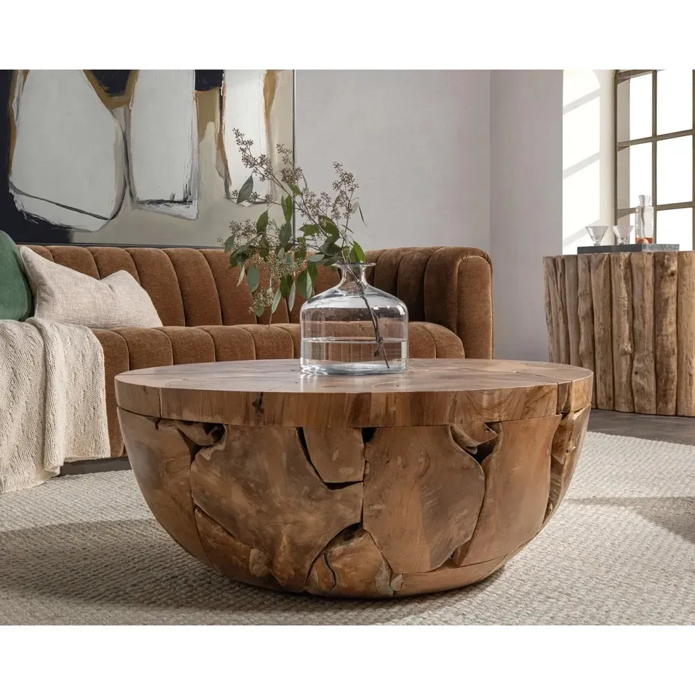 Gemma Round Drum Coffee Table - Brown, Teak Wood