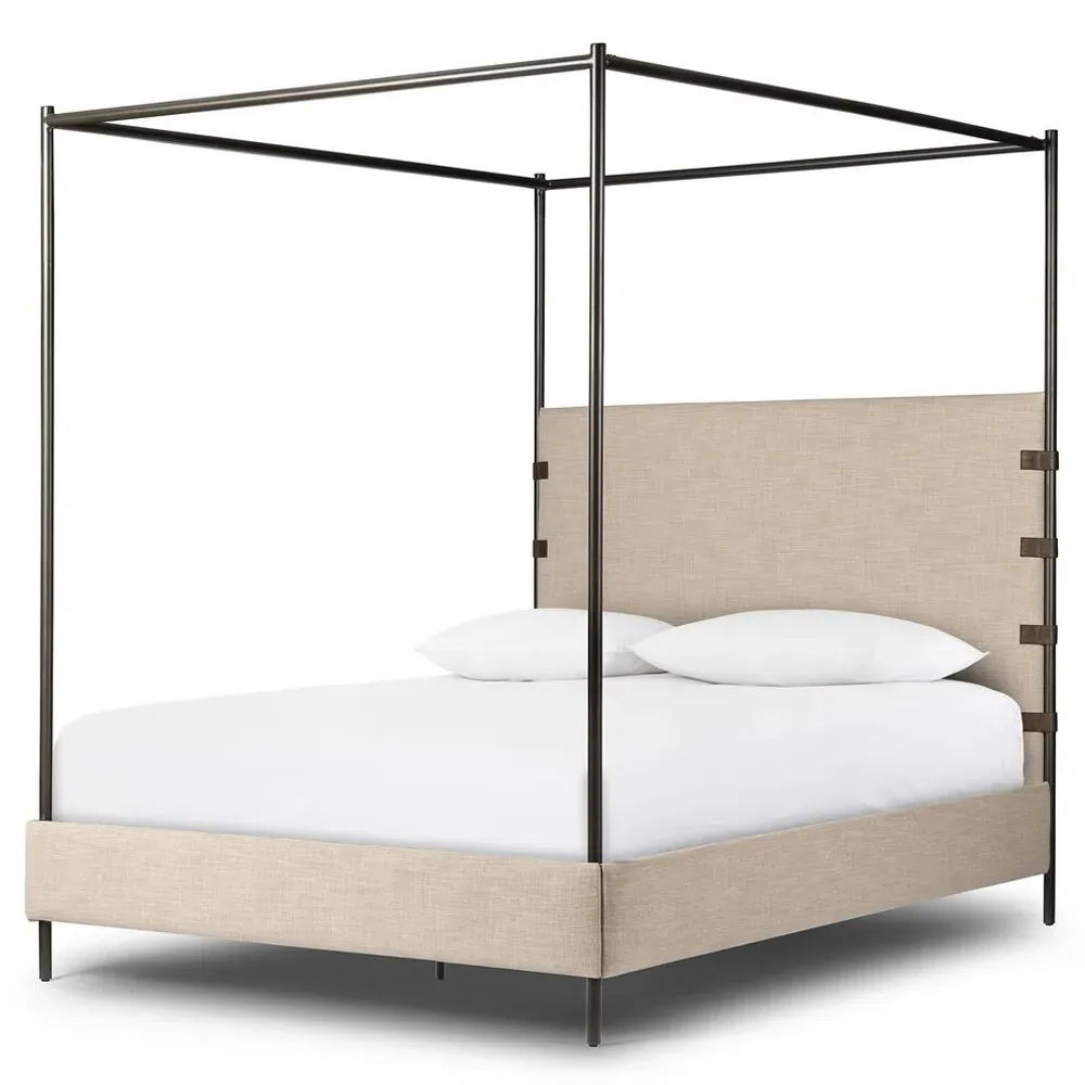 Gerald Queen Size Canopy Bed - Beige, Fabric
