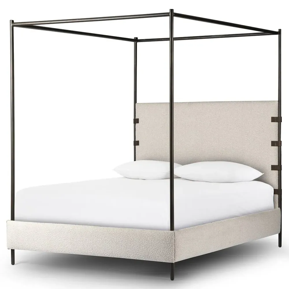 Gerald Queen Size Canopy Bed - Cream, Boucle