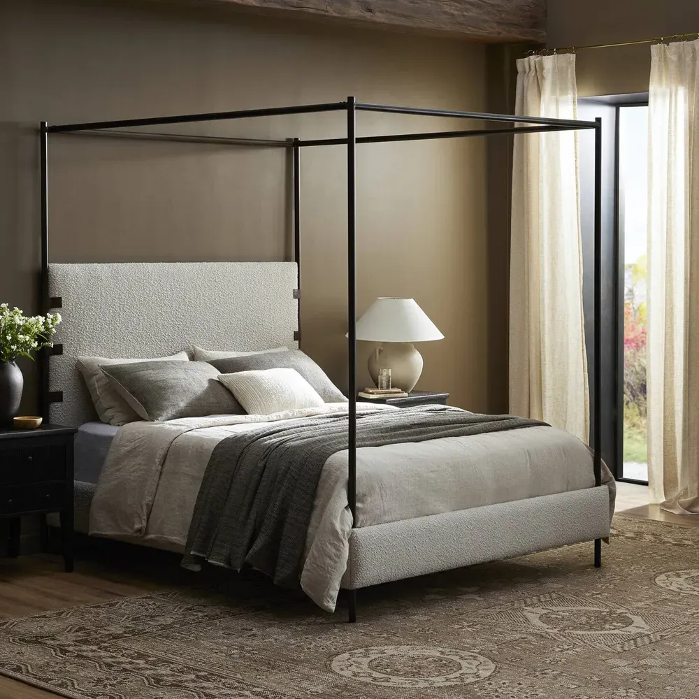 Gerald Queen Size Canopy Bed - Cream, Boucle