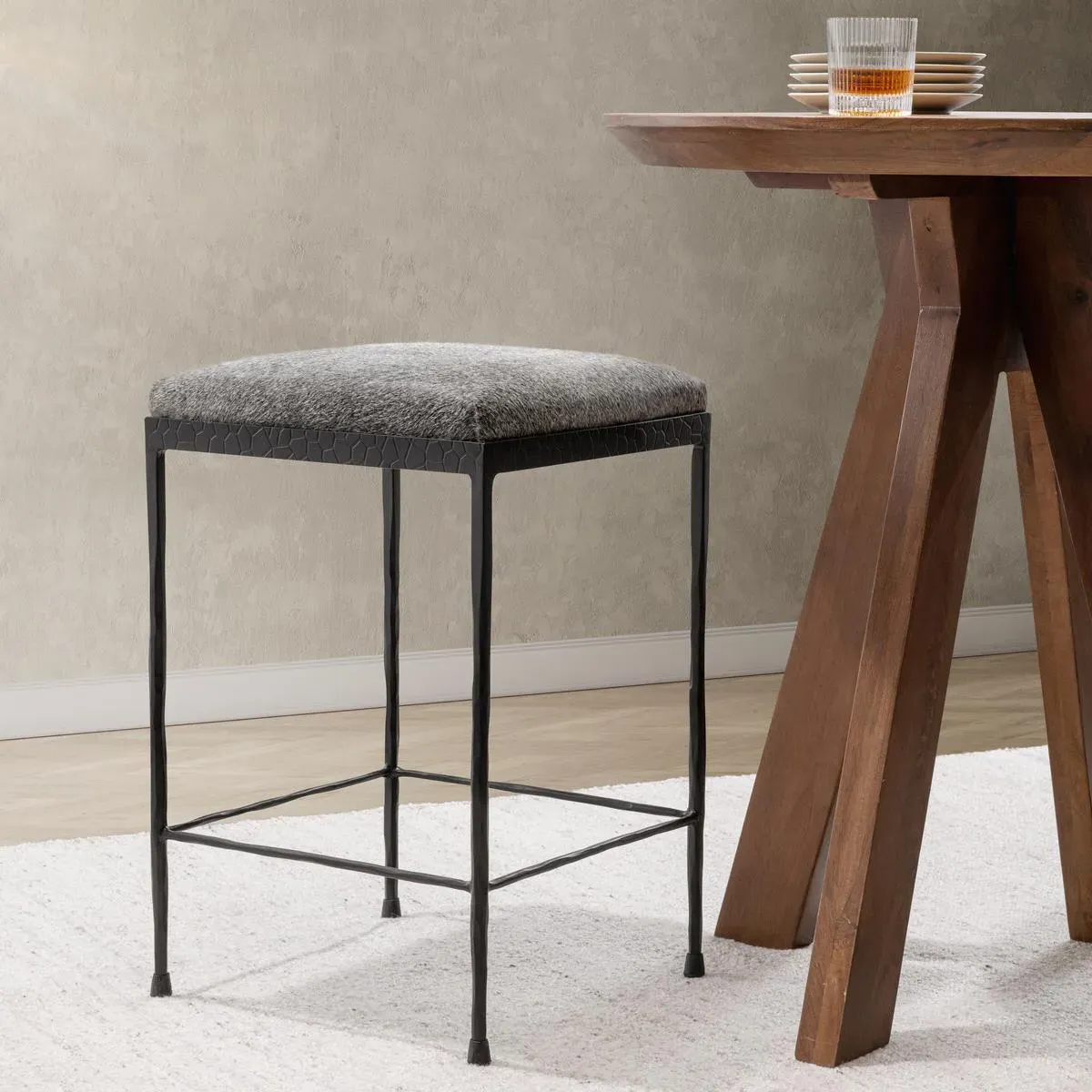 Geraldine Backless Counter Stool - Grey, Hair On Hide
