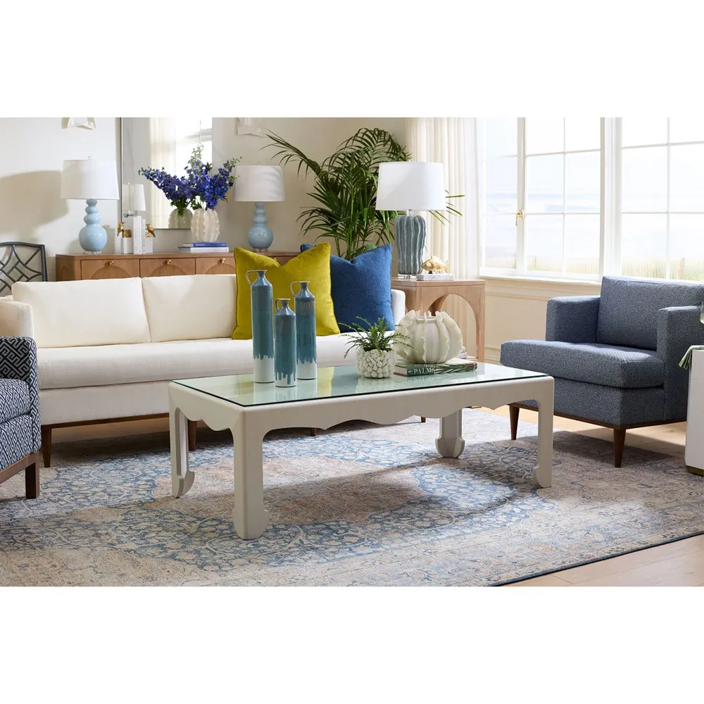 Gianna Rectangular Coffee Table - White, Grasscloth