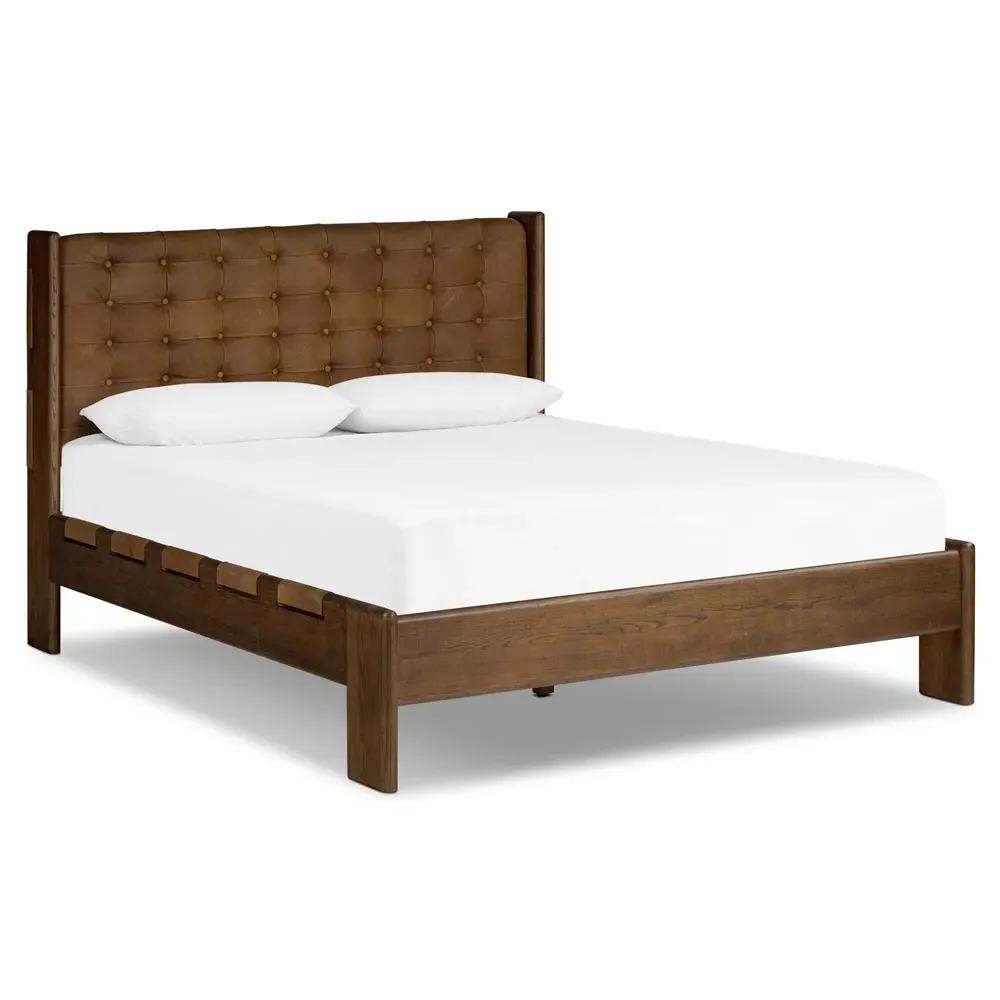 Hadley Queen Size Tufted Bed - Brown, Leather