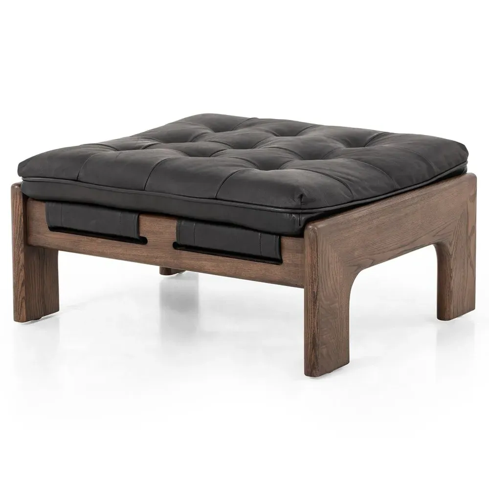 Hadley Tufted Ottoman - Black, Leather
