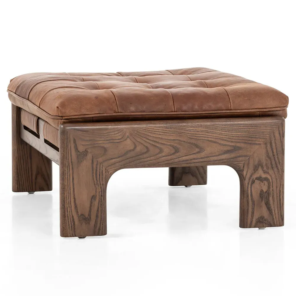 Hadley Tufted Ottoman - Brown, Leather