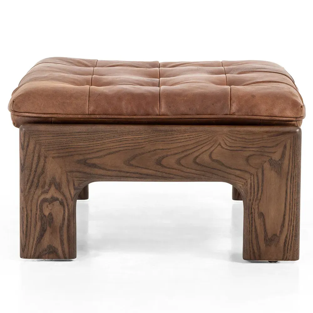 Hadley Tufted Ottoman - Brown, Leather