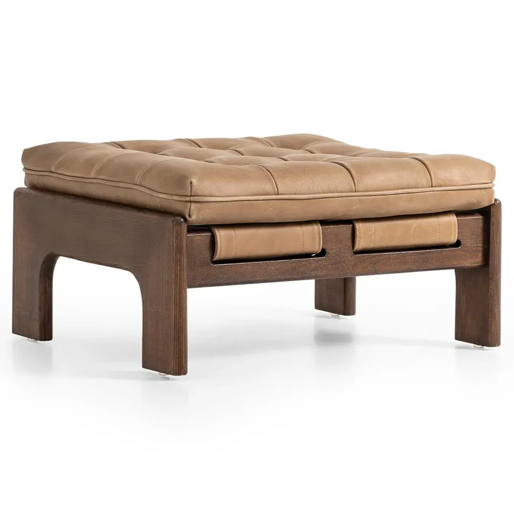 Hadley Tufted Ottoman - Tan, Leather