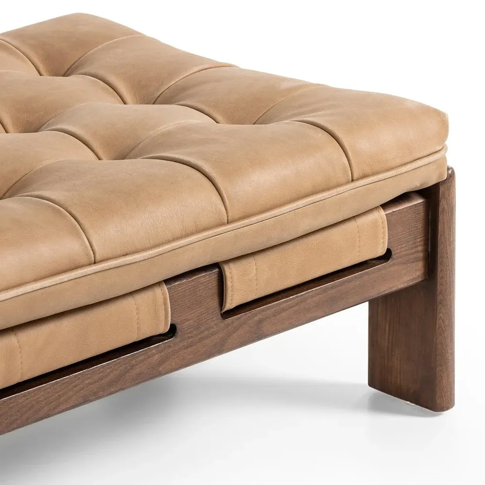 Hadley Tufted Ottoman - Tan, Leather