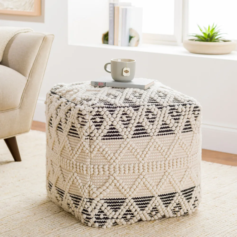 Hallie Square Pouf with Black Accent - Cream, Cotton